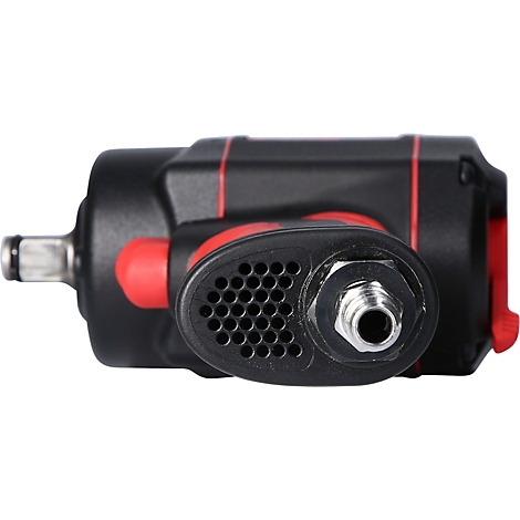 Nahaufnahme eines schwarzen und roten Druckluftschraubers. Der Luftanschluss und ein Belüftungsgitter sind deutlich sichtbar.